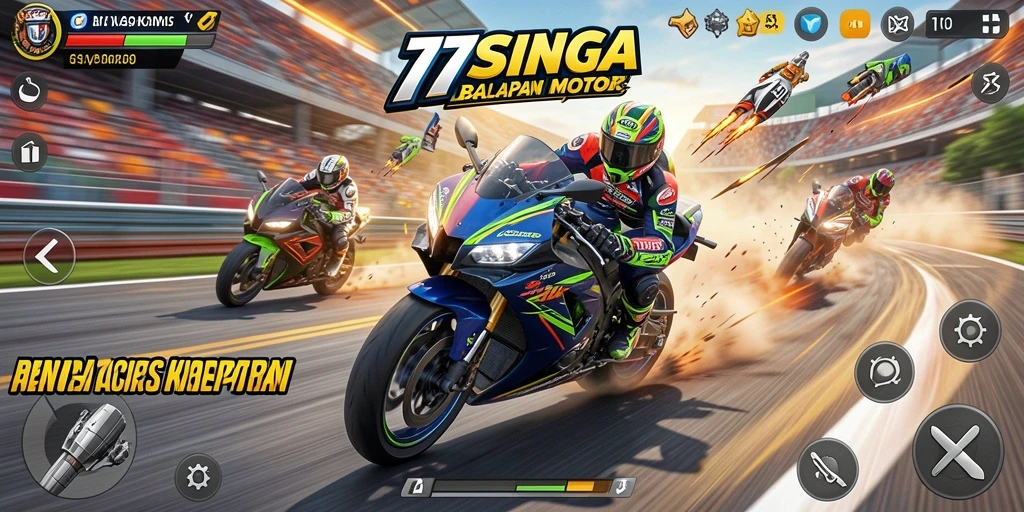 Tampilan gameplay balapan motor yang intens dan menarik di 77SINGA.