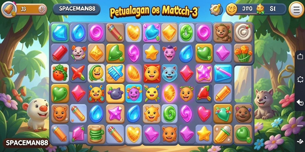 Tampilan gameplay Match-3 SPACEMAN88 dengan level penuh warna.